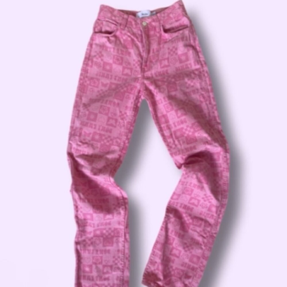 New Bershka Pink Barbie Denim "Don't Panic" Heart print Straight jeans - Size 2